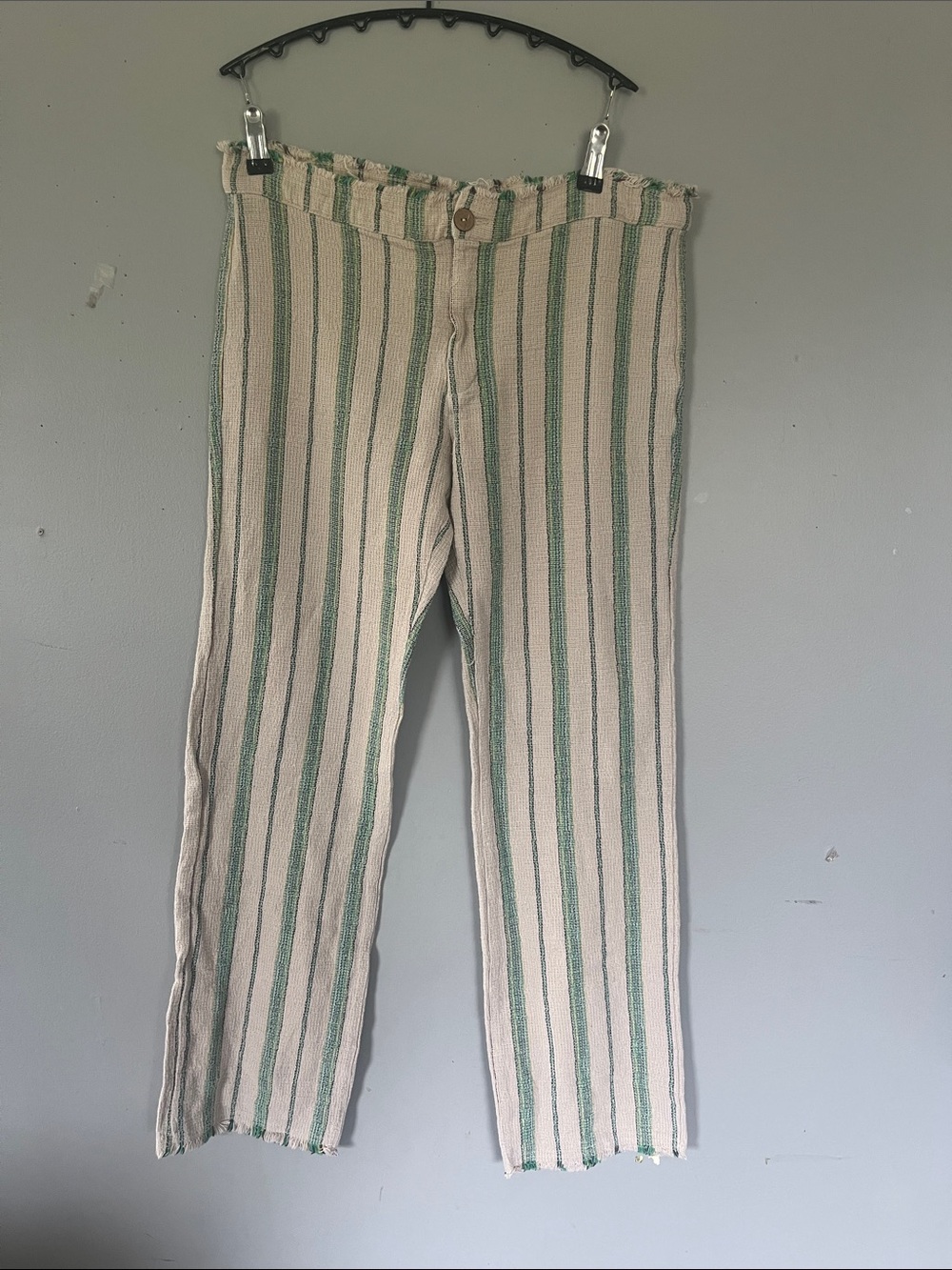 Zara Cream Pants with Green Vertical Stripes Large
